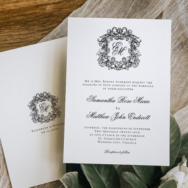 Elegant Vintage Black White Monogram Crest Wedding Invitation (Creator Uploaded)