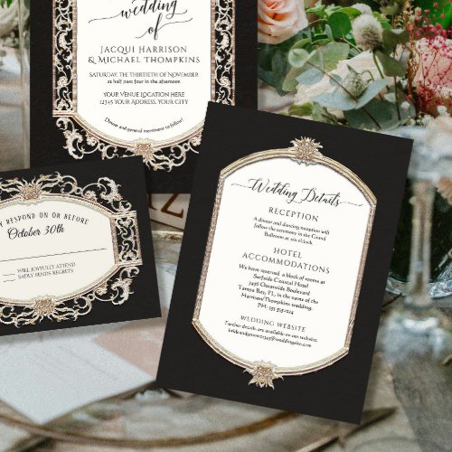 Elegant Vintage Black White n Gold Wedding Details Invitation