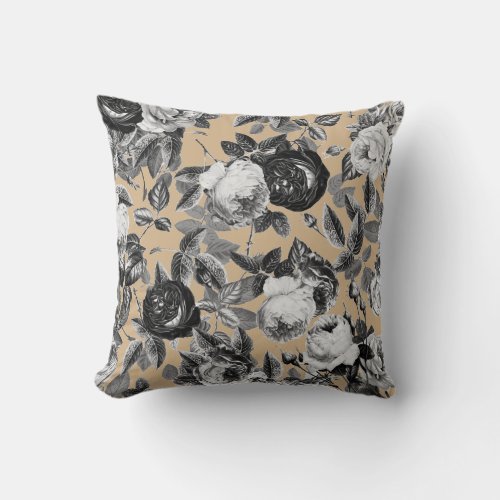 Elegant Vintage Black White Roses Beige Tan Throw Pillow