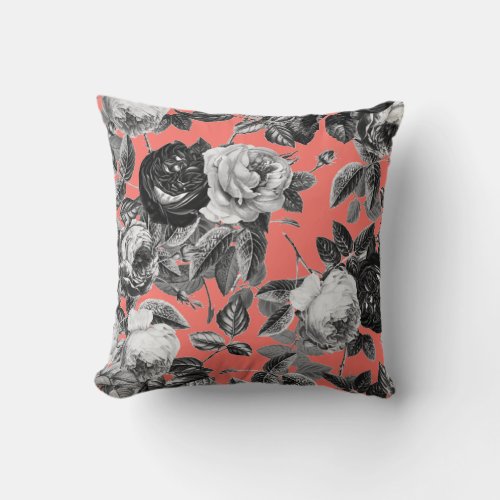 Elegant Vintage Black White Roses Coral Pink Throw Pillow