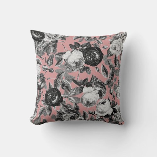Elegant Vintage Black White Roses Dusty Pink Throw Pillow