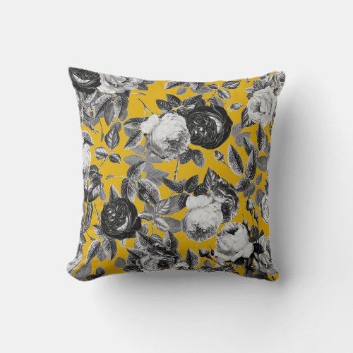 Elegant Vintage Black White Roses Mustard Yellow Throw Pillow
