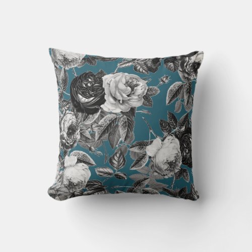 Elegant Vintage Black White Roses on Blue Throw Pillow