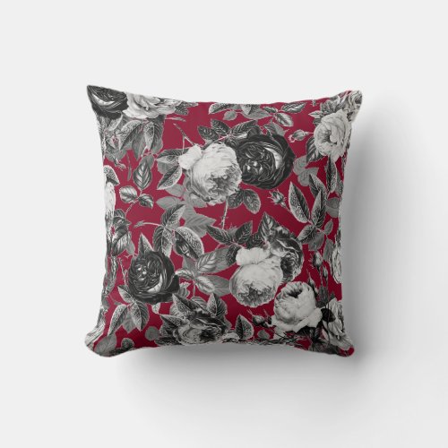 Elegant Vintage Black White Roses on Burgundy Red Throw Pillow
