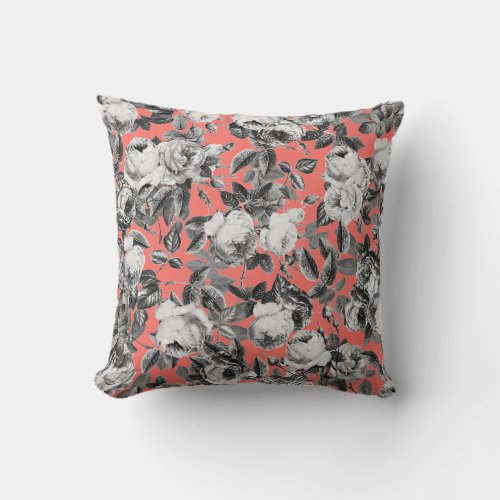 Elegant Vintage Black White Roses on Coral Pink Throw Pillow