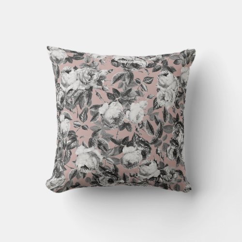 Elegant Vintage Black White Roses on Dusty Rose Throw Pillow