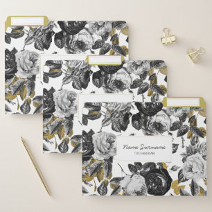 Elegant Vintage Black White Roses on Gold File Folder