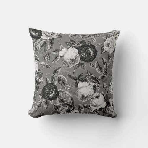 Elegant Vintage Black White Roses on Grey Throw Pillow
