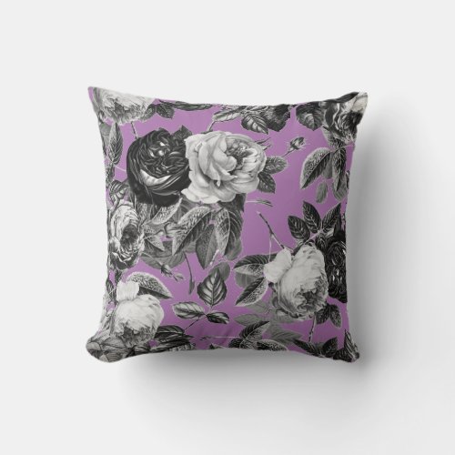 Elegant Vintage Black White Roses on Lavender Throw Pillow