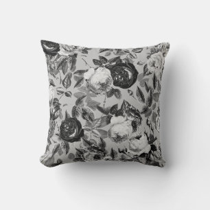 Elegant Vintage Black White Roses on Light Grey Throw Pillow