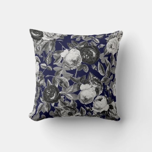 Elegant Vintage Black White Roses on Navy Blue Throw Pillow