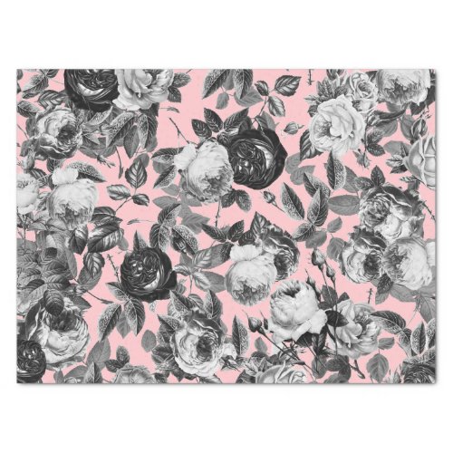 Elegant Vintage Black White Roses on Pink Tissue Paper