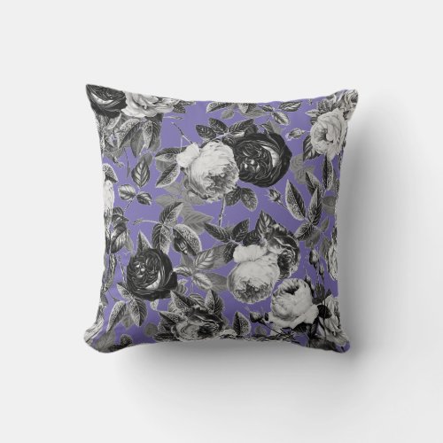 Elegant Vintage Black White Roses Periwinkle Blue Throw Pillow