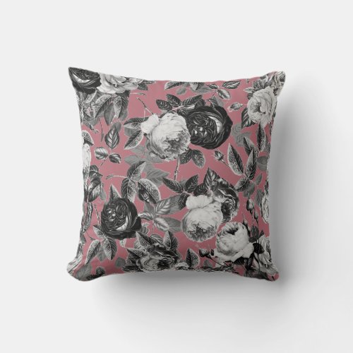 Elegant Vintage Black White Roses Rose Gold Pink Throw Pillow