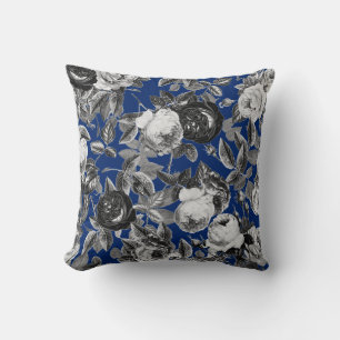 Elegant Vintage Black White Roses Royal Blue Throw Pillow