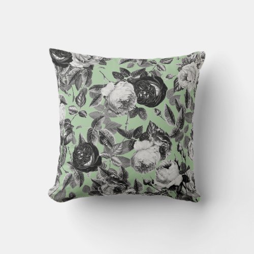 Elegant Vintage Black White Roses Sage Green Throw Pillow