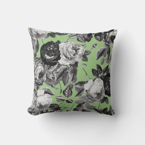 Elegant Vintage Black White Roses Sage Green Throw Pillow