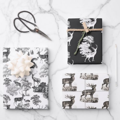 Elegant Vintage Black White Toile Deer in Woodland Wrapping Paper Sheets