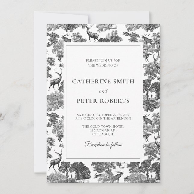 Elegant Vintage Black White Toile Deer Invitation (Front)