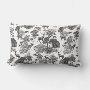 Elegant Vintage Black White Toile Deer Pattern Lumbar Pillow