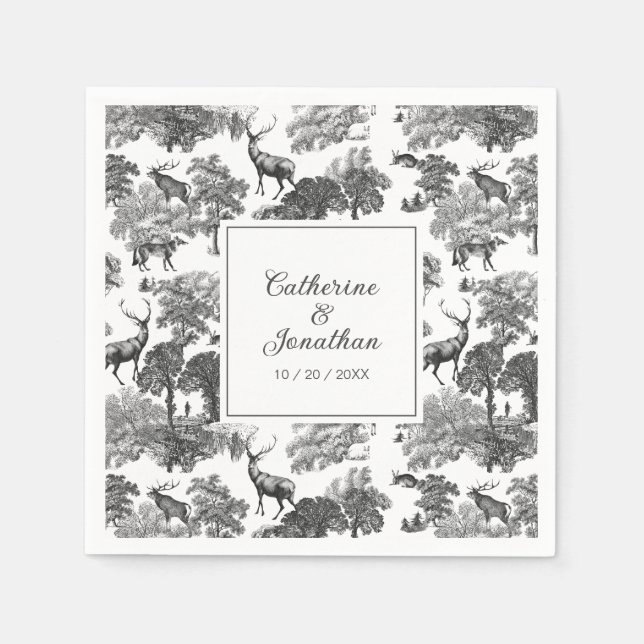 Elegant Vintage Black White Toile Deer Pattern  Napkins (Front)
