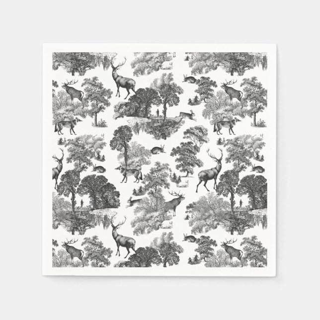 Elegant Vintage Black White Toile Deer Pattern Napkins (Front)