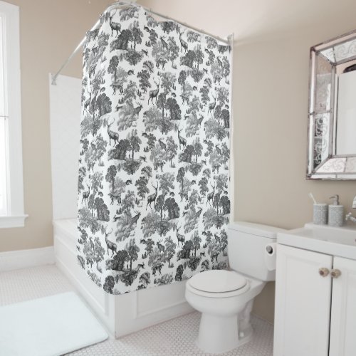 Elegant Vintage Black White Toile Deer Pattern Shower Curtain