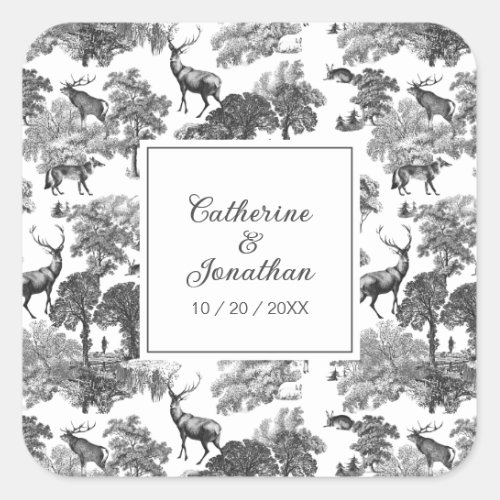 Elegant Vintage Black White Toile Deer Pattern Square Sticker