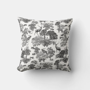 Elegant Vintage Black White Toile Deer Pattern Throw Pillow
