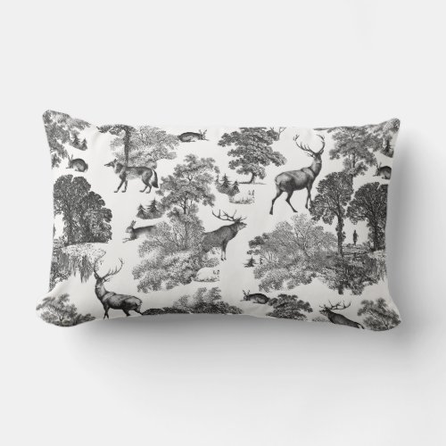 Elegant Vintage Black White Toile Deer Reversible Lumbar Pillow