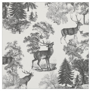Elegant Vintage Black White Toile Deer Woodland Fabric