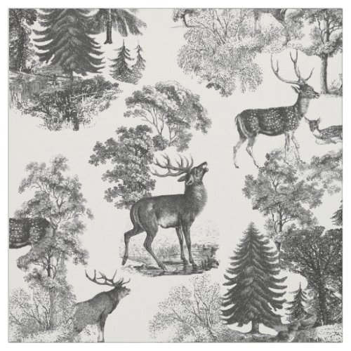 Elegant Vintage Black White Toile Deer Woodland  Fabric