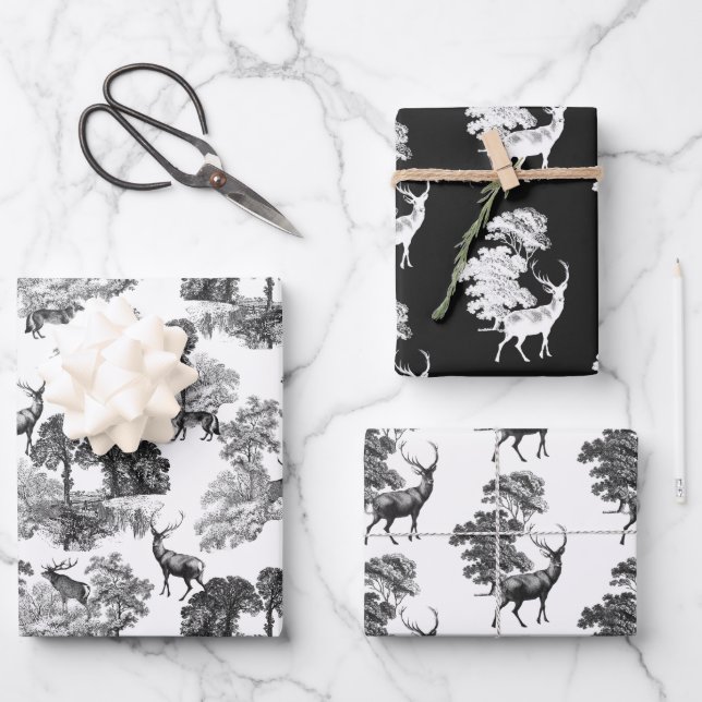 Elegant Vintage Black White Toile Deer Woods Wrapping Paper Sheets (Front)