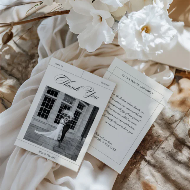 Elegant Vintage Black & White Wedding Photo Thank You Card | Zazzle
