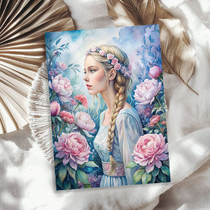 Elegant vintage blonde woman pink peonies tissue paper