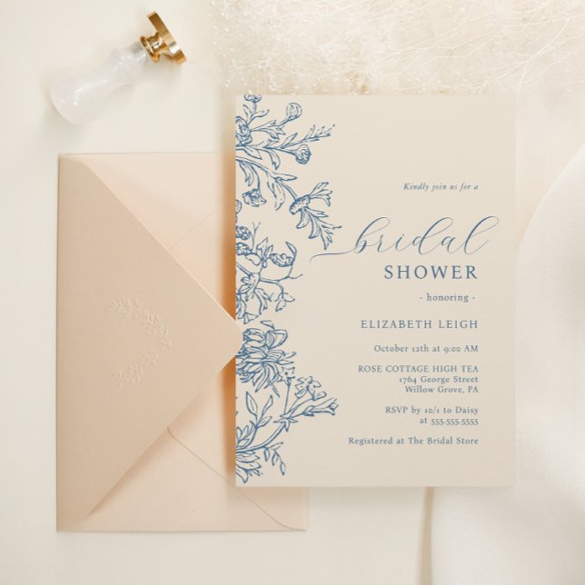 Elegant Vintage Blue Beige Bridal Shower  Invitation (Creator Uploaded)