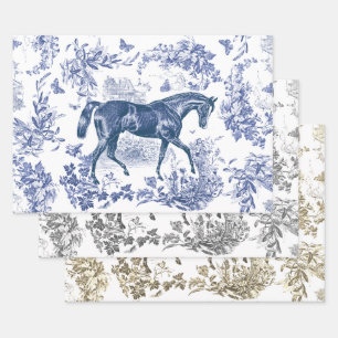 Elegant Vintage Blue Beige Gray Horse Floral Toile Wrapping Paper Sheets