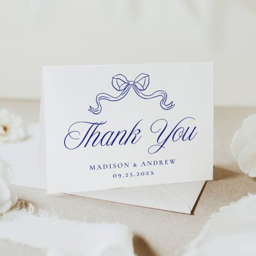 Elegant Vintage Blue Bow Photo Wedding Thank You Card