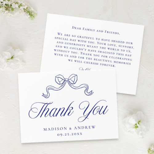 Elegant Vintage Blue Bow Wedding Thank You Card