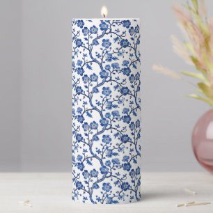 Elegant Vintage Blue Chinoiserie Floral Pillar Candle