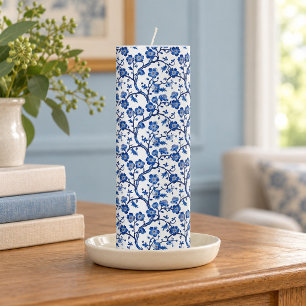 Elegant Vintage Blue Chinoiserie Floral Pillar Candle