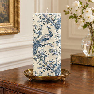 Elegant Vintage Blue Chinoiserie Peacock Pillar Candle