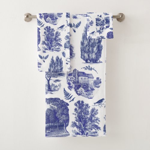 Elegant Vintage Blue Country Pastoral Toile Bath Towel Set