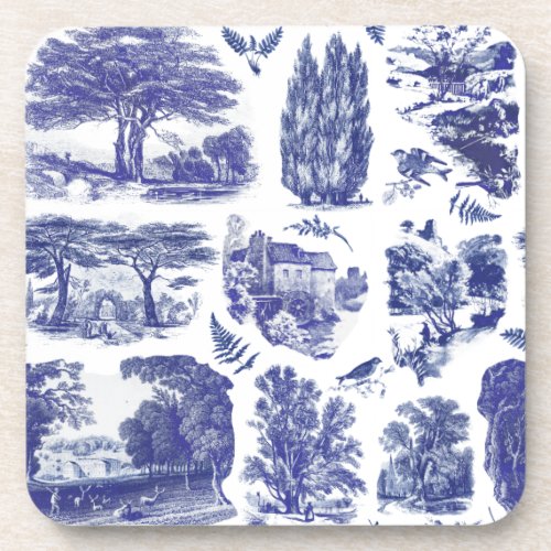 Elegant Vintage Blue Country Pastoral Toile Beverage Coaster