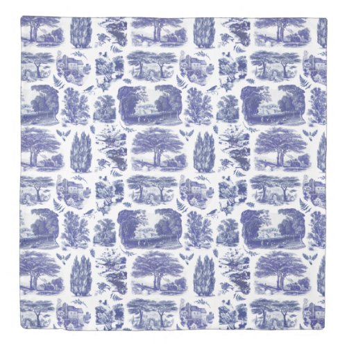 Elegant Vintage Blue Country Pastoral Toile Duvet Cover