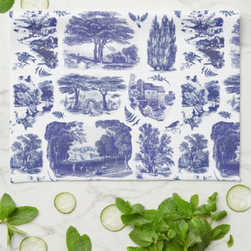 Elegant Vintage Blue Country Pastoral Toile Kitchen Towel