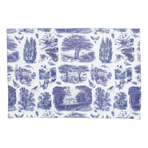 Elegant Vintage Blue Country Pastoral Toile Pair Pillow Case