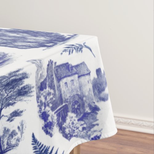 Elegant Vintage Blue Country Pastoral Toile Tablecloth