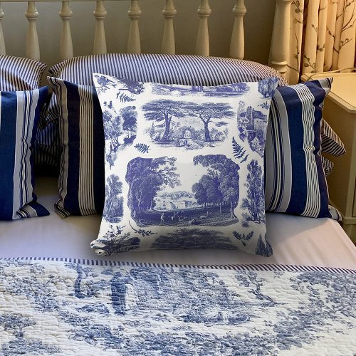 Elegant Vintage Blue Country Pastoral Toile Throw Pillow
