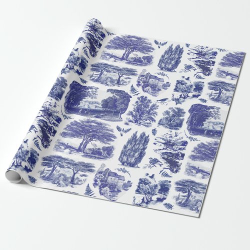 Elegant Vintage Blue Country Pastoral Toile Wrapping Paper